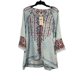 Reba Embroidered Chambray Denim Top Sleeve Tunic Large Aztec Western